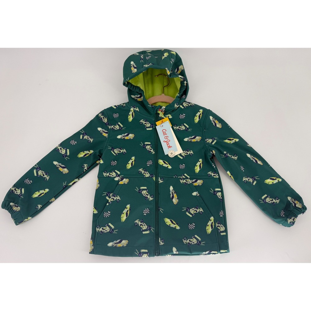 Cat & Jack Boys Race Car Print Jacket Softshell Hooded Dark Green Fleece 5T NEW